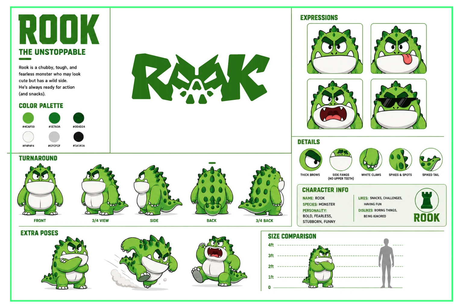 Official ROOK character sheet: logo, color palette, front/3-4/side/back turnaround, extra poses, expressions, details, character info, and size comparison