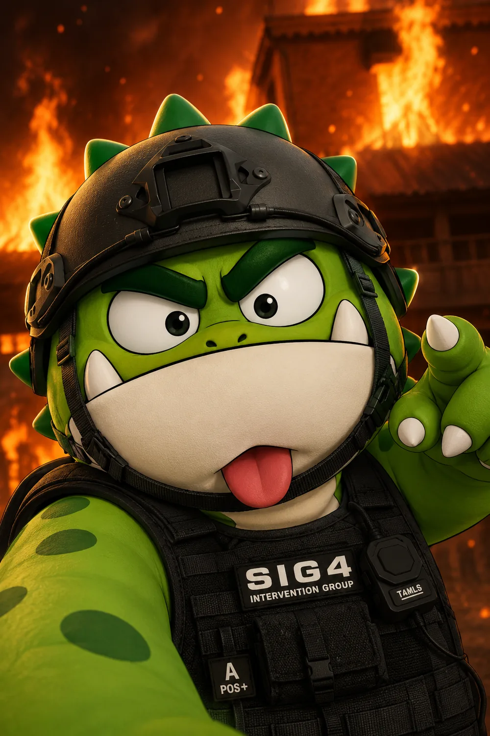 ROOK in tactical gear in front of a burning building, tongue out